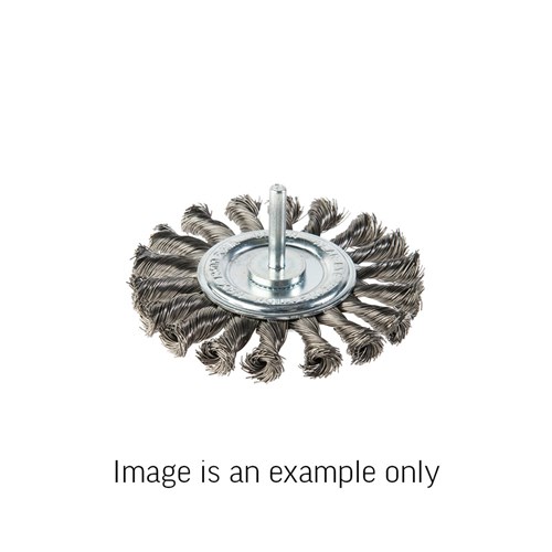 Wheel Brush Twist Knot 6mm Spindle Mount Stainless Steel 0.4mm Wire x 75mm Dia Carded